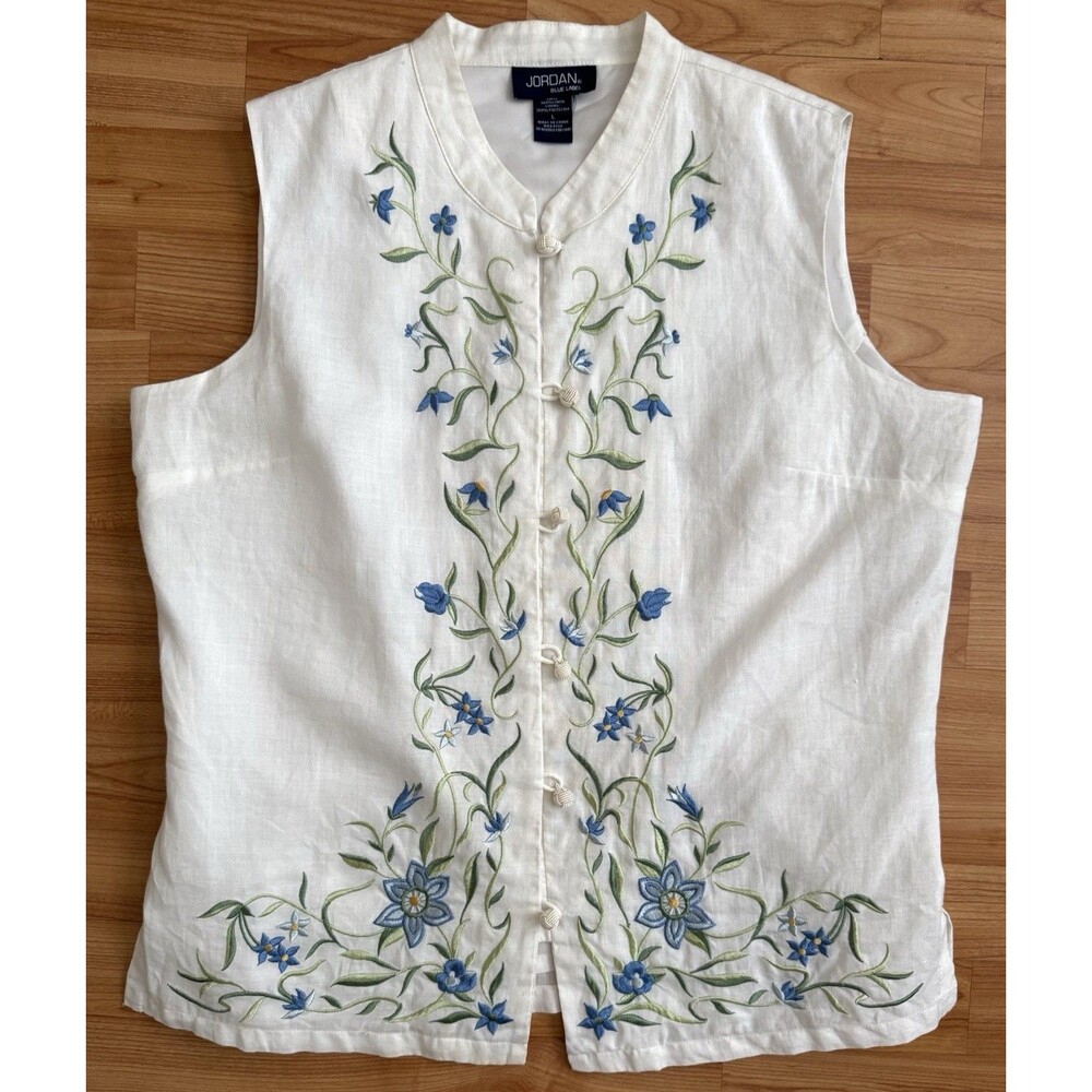 Jordan Blue Label 100% Linen Embroidered Floral Frog Button Vest Top Women’s L